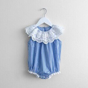 NWT Pretty Baby Girls Romper Bubble One-piece Lace Bib Collar Boutique 6M-9M